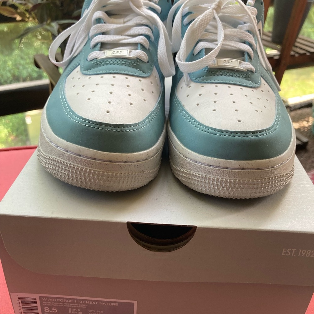 Nike White and Teal Air Force 1 Sneakers with Black Accents - Picture 3 of 8